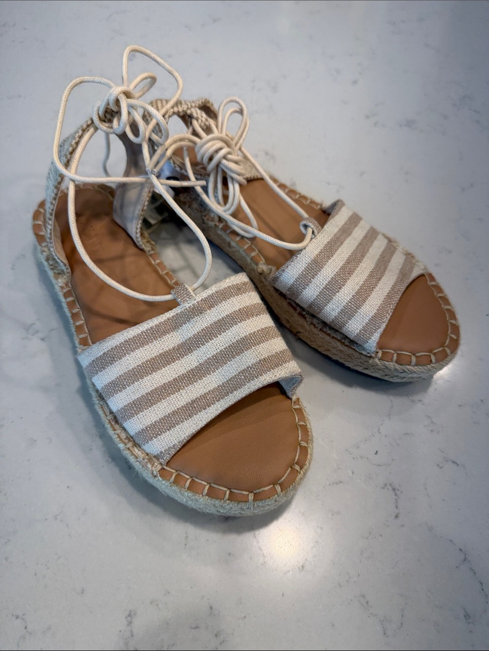 Old Navy Beige & White Striped Lace-Up Espadrilles